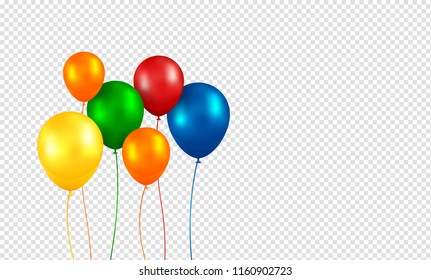 Balloons vector. Realistic Flying Birthday helium balloons. Isolated on transparent background. Party and celebrations decorations. Bunch of Birthday objects.