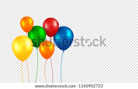 Balloons vector. Realistic Flying Birthday helium balloons. Isolated on transparent background. Party and celebrations decorations. Bunch of Birthday objects.