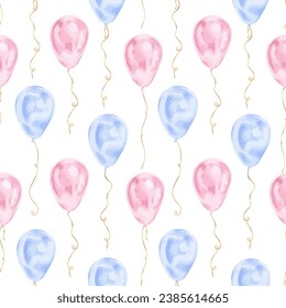 Balloons Vector seamless Pattern. Hand drawn illustration of baloon on a transparent isolated background. Watercolor drawing of blue and pink birthday party ballon. For wrapping paper and cards