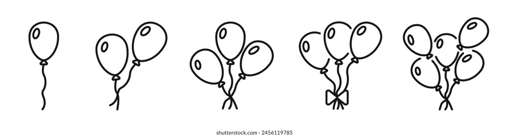 Balloons vector set of black icons. Color linear editable inflatable balloons vector. Decoration for the holiday with balloons. Helium balloons outline vector. Vector illustration.