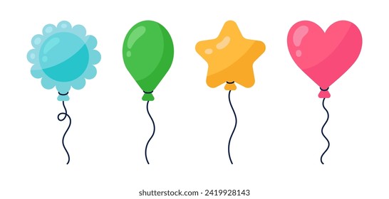 Balloons vector set. Colorful rubber toys of various shapes - star, heart, ball, flower. Flying surprise for a party, birthday, event. Festive decoration on a string. Cartoon clipart for print, cards