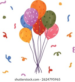balloons watercolor illustration colorful and with pattern in group and flying in the air with confetti in the background