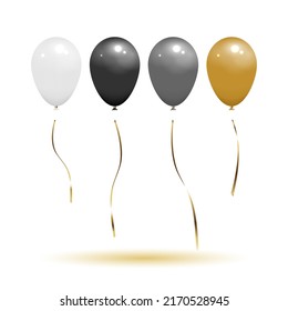 Balloons in white, black, silver, gold colour with 4 styles separate gold ribbons. Isolated on white background with shadow, mockup template object. Realistic 3D vector illustration.