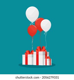 Balloons and white gift boxes. birthday and new year party banner
