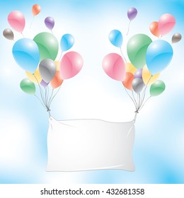 Balloons with white sign on a blue sky background.