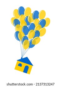 Globos amarillos y azules volaron al cielo y levantaron la casa. Impresión corta sobre un fondo blanco. Vector.