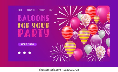 Ballooon vector web page celebrating birthday party anniversary cartoon kids happy birth holiday decoration backdrop festival balloons decor illustration landing web-page background