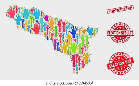 Ballot Abkhazia map and seal stamps. Red rectangle #Hatespeech grunge seal stamp. Colored Abkhazia map mosaic of raised up election arms. Vector combination for election day, and ballot results.