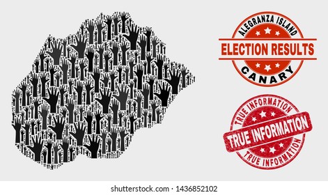 Ballot Alegranza Island map and stamps. Red rounded True Information distress seal. Black Alegranza Island map mosaic of raised like hands. Vector composition for referendum results,