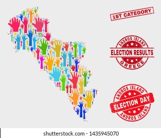 Ballot Andros Island of Greece map and seal stamps. Red rectangle 1St Category textured seal. Colored Andros Island of Greece map mosaic of raised voting arms. Vector collage for election day,