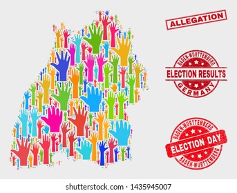 Ballot Baden-Wurttemberg Land map and seal stamps. Red rectangular Allegation textured seal stamp. Bright Baden-Wurttemberg Land map mosaic of raised up voting arms.