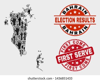 Ballot Bahrain map and seal stamps. Red rounded First Come First Serve scratched stamp. Black Bahrain map mosaic of upwards help hands. Vector collage for ballot results,