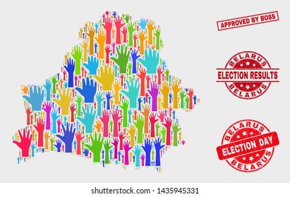 Ballot Belarus map and seal stamps. Red rectangle Approved by Boss grunge seal. Bright Belarus map mosaic of raised selection hands. Vector collage for election day, and ballot results.