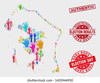 Ballot Bora-Bora map and seal stamps. Red rectangular Authentic scratched seal. Bright Bora-Bora map mosaic of raised referendum arms. Vector combination for election day, and referendum results.