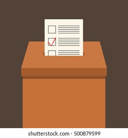 Ballot box. Brown box with a slit for a paper. Bulletin with a mark. Election.