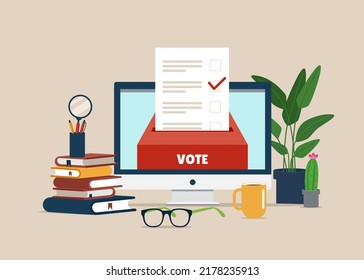 A ballot box and a bulletin on monitor. Online voting concept. 