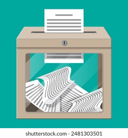 Ballot box. Container with glass window and lock full of documents papers. Voting case for suggestions elections. Box for tips and donations. Vector illustration in flat style