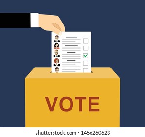 Ballot box and document with candidates. Hand with election bill. Vote paper with faces. Vector illustration in flat style