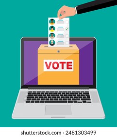 Ballot box, document with candidates on laptop screen. Hand with election bill. Vote paper with faces. Vector illustration in flat style