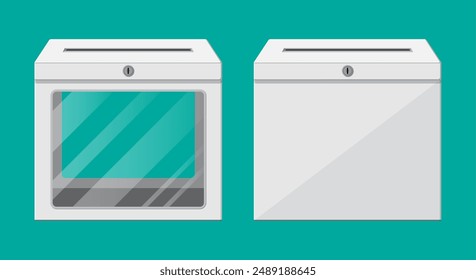 Ballot box. Empty container with glass window and lock. Voting case for suggestions elections. Box for tips and donations. Vector illustration in flat style