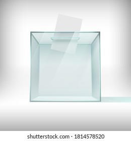 Ballot box. Glass transparent voting container with falling ballot paper. Survey plastic case, usa 2020 president election 3d vector concept. Container for poll, transparent glass box illustration