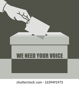 Ballot box and hand dropping a ballot. We need your voice.