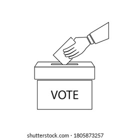 Icono de la casilla de votación. La mano arroja una tarjeta en la urna electoral.