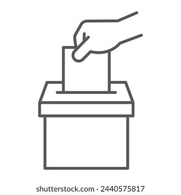 Ballot box line icon, outline style icon for web site or mobile app, election and politics, hand with paper and box vector icon, simple vector illustration, vector graphics.