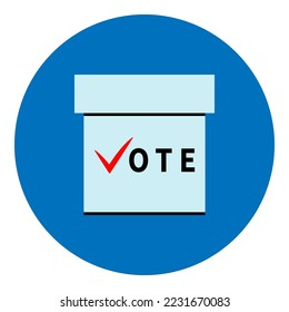 Ballot box on blue circle. Word VOTE on bandbox. Letter V as red tick. Square box with protection against unauthorized access. Close-up. Election day, right choice, victory. Voting at polling station.