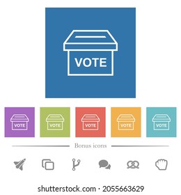 Ballot box outline flat white icons in square backgrounds. 6 bonus icons included.