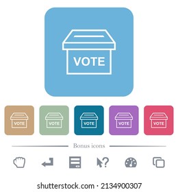 Ballot box outline white flat icons on color rounded square backgrounds. 6 bonus icons included