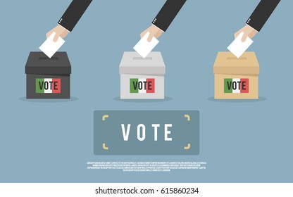 Cédula de votación Persona votando, papel de mano en las urnas, bandera de México