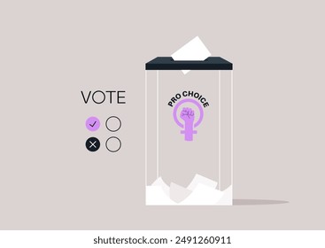 A ballot box with a Pro Choice label featuring a raised fist inside a Venus symbol sits against a light grey background