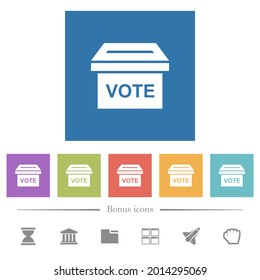 Ballot box solid flat white icons in square backgrounds. 6 bonus icons included.