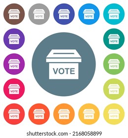 Ballot box solid flat white icons on round color backgrounds. 17 background color variations are included.