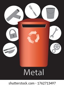 Ballot box for sorting garbage with a metal pipe, metal tools, a fork, a set of knives, gears. Stock vector flat illustration with garbage sorting basket isolated on black background