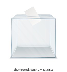 Ballot box square container for paper in an election. Transparent empty voting box, political campaign symbol. Vector ballot box realistic style illustration