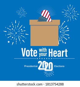 Ballot box with the title Vote with the heart in light blue background and subtitle presidential elections 2020. afice to encourage people to vote in the upcoming elections