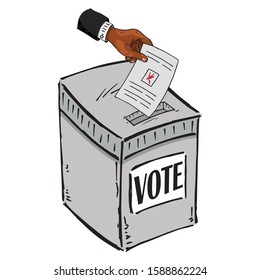 Ballot box. Vector illustration box for vote. Ballot box for voting in elections hand drawn. Wrist hand holds a voting ballot with a check mark, form, list icon.