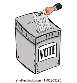 Ballot box. Vector illustration box for vote. Ballot box for voting in elections hand drawn.  Male hand in a suit lowers his hand with the ballot in the ballot box. 