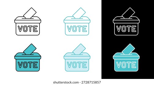 Urna con icono de texto de voto para participación electoral y proceso democrático en estilo de línea y relleno