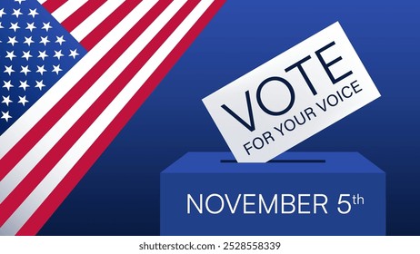 Ballot Box with Vote for Your Voice Ballot on Blue Background with American Flag Vector Illustration