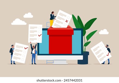 Ballot box and voters. Paper ballots to election box. Electronic voting system for elections. Democracy Freedom Concept. Flat vector illustration