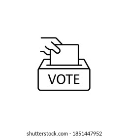 Ballot box, voting box, vote, hand throws a ballot into the ballot box simple thin line icon vector illustration