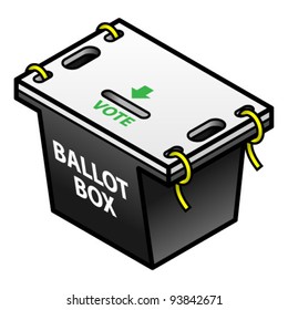 A ballot box with yellow security seals/straps.