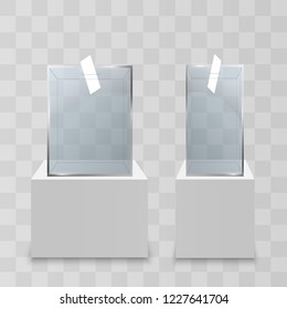 Ballot boxes with ballot. Realistic empty transparent ballot box on transparent background.
Set of voting containers.