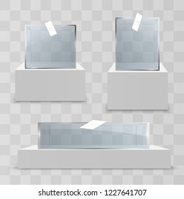 Ballot boxes with ballot. Realistic empty transparent ballot box on transparent background.
Set of voting containers.