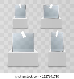 Ballot boxes with ballot. Realistic empty transparent ballot box on transparent background.
Set of voting containers.