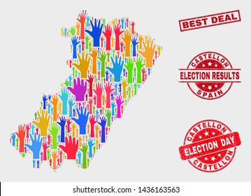Ballot Castellon Province map and stamps. Red rectangle Best Deal grunge stamp. Colorful Castellon Province map mosaic of raised up agree arms. Vector collage for election day, and ballot results.
