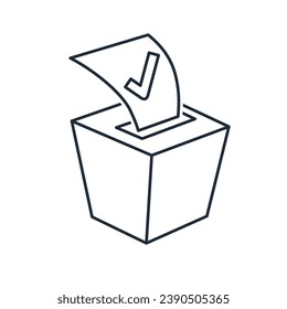 Ballot with check mark and voting box. Voter voice. Electoral process. Elections.  Vector linear illustration icon isolated on white background